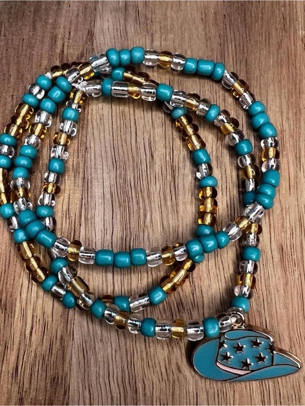 Turquoise and Gold Beaded Cowboy Hat Pendant Necklace - Women Jewelry